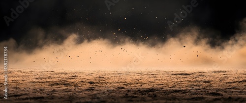 Dust particles rising in desert landscape with atmospheric clouds