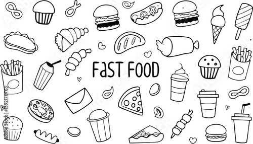 Hand Drawn Fast Food Icons Burgers, Fries, Pizza, Snacks