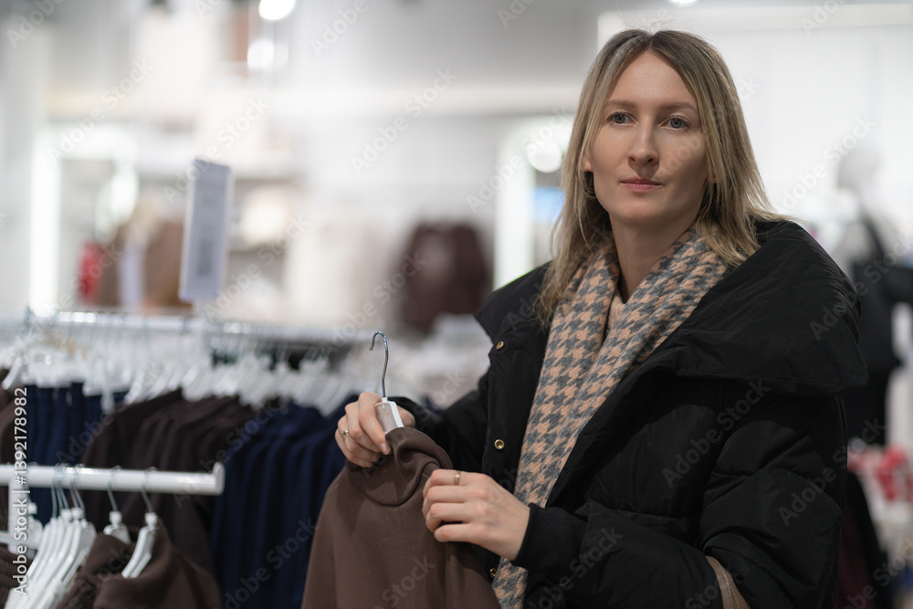 Young woman browsing through a fashion store, holding a brown pullover on a hanger and contemplating her choice for warm clothing to enhance her autumn wardrobe