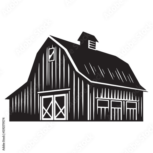Lone Barn silhouette, standing proud in the open field – Barn illustration – Minimalist barn vector – Farm building silhouette

