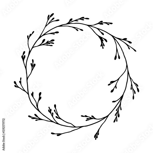 Minimal Botanical Wreath with Loose Leaves. A minimal botanical wreath with loosely arranged slender leaves in a circular layout, offering an airy and natural design perfect for branding or decor.