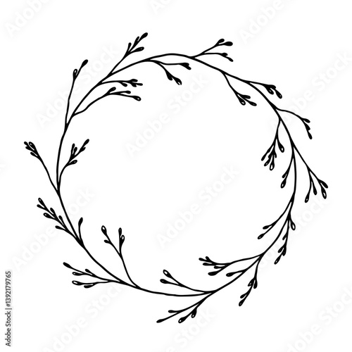 Minimal Botanical Wreath with Loose Leaves. A minimal botanical wreath with loosely arranged slender leaves in a circular layout, offering an airy and natural design perfect for branding or decor.