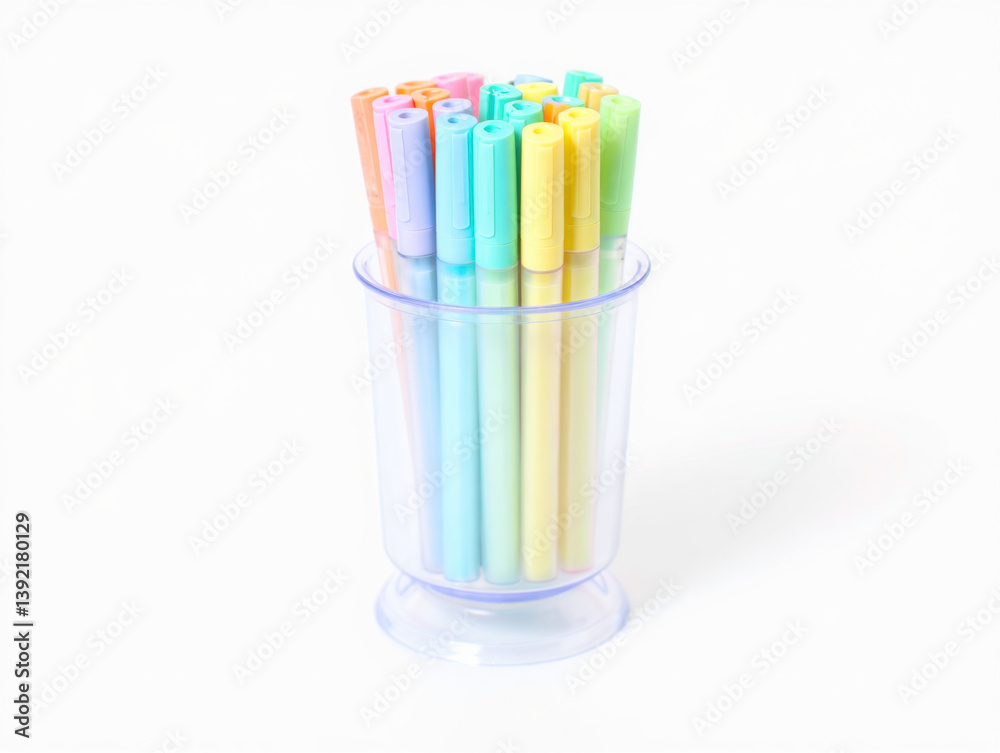 Fototapeta premium Pastel Fineliner Pens in Clear Holder on White Background