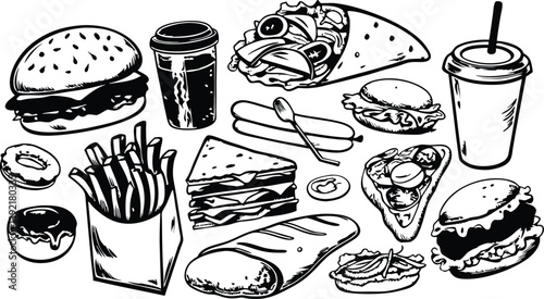 Fast Food Illustration Burgers, Fries, Sandwiches, Drinks, and More