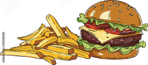 Juicy Cheeseburger Combo Fries, Patty, Bun, Delicious Meal