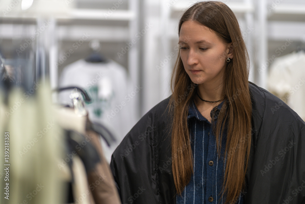 Young stylish woman choosing clothes, shopping in a fashion store, standing near clothes rack, examining garment, making purchasing decision