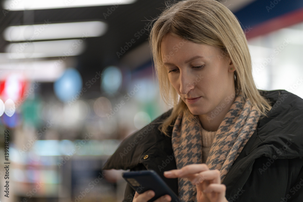 Blonde woman wearing a winter coat and scarf is using her smartphone in a subway station, scrolling through news articles and ordering a taxi while waiting for her train