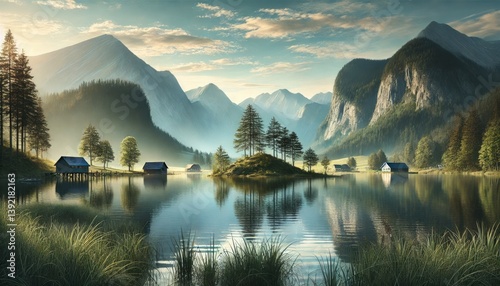 Tranquil Mountain Lake with Island and Cabins – Serene Nature Landscape for Wellness and Meditation Themes