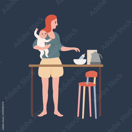 Mother Cooking with Baby on Her Hip. A mother cooking while holding her baby on her hip, multitasking in the kitchen