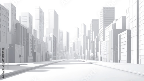 Monochrome city street scene, futuristic urban landscape, architecture, graphic design photo