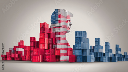 Stacks of cargo containers in a form a silhouette painted in colors of the US flag