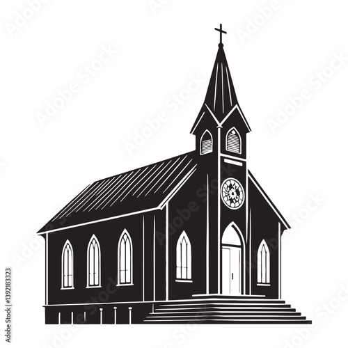 Snowy Chapel silhouette, warm within a winter landscape – Chapel illustration – Minimalist chapel vector – Building silhouette

