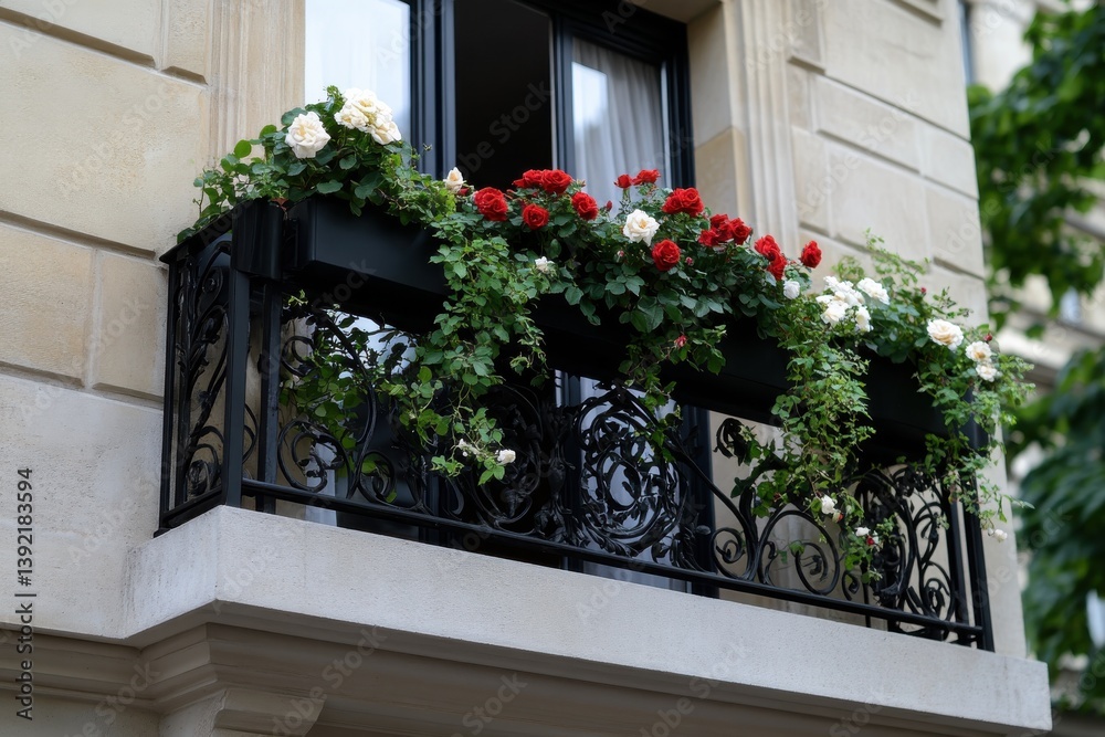 Fototapeta premium A picturesque balcony featuring a beautiful arrangement of colorful flowers and trailing plants, capturing the essence of charming urban living in a welcoming way.