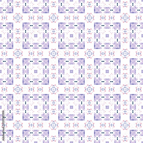 A seamless geometric pattern with pastel colors creating a symmetrical design.