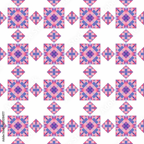 A seamless geometric pattern with pink and blue diamond shapes on a white background.