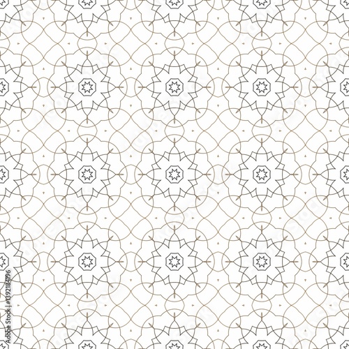 A seamless geometric pattern with intricate floral elements in black and gold on a white background.