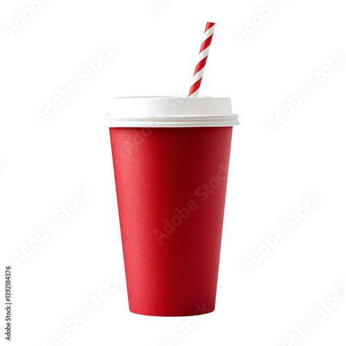 Red paper coffee cup with white lid and striped straw, isolated.