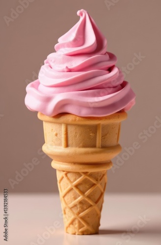 Obraz na płótnie pink soft serve ice cream cone against neutral background. delicious summer treat. food photography, cafe dessert menu poster. w salonie