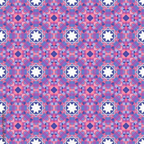 Seamless geometric pattern with pink and purple star motifs, perfect for backgrounds and textiles.