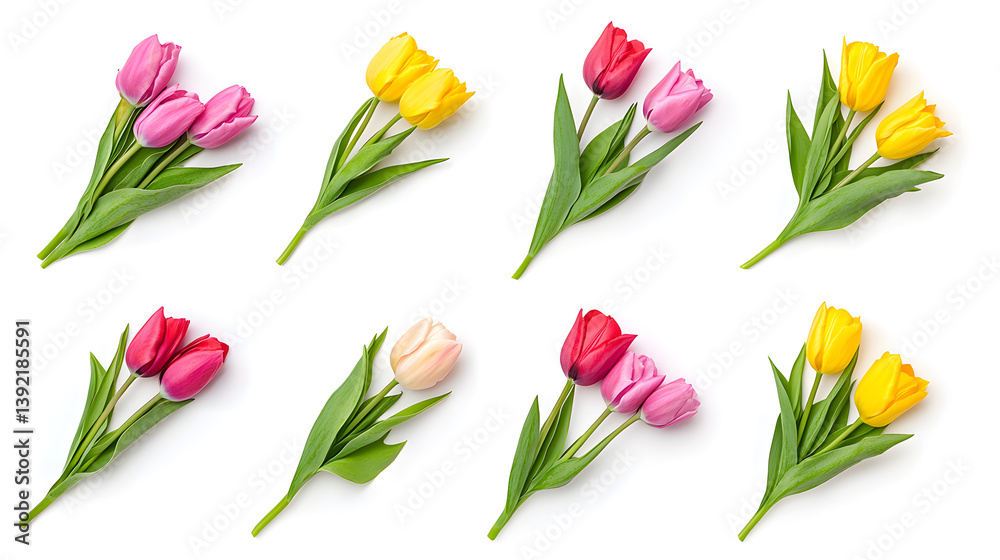 Obraz premium Collection of fresh colorful tulip flowers bouquet isolated on white background
