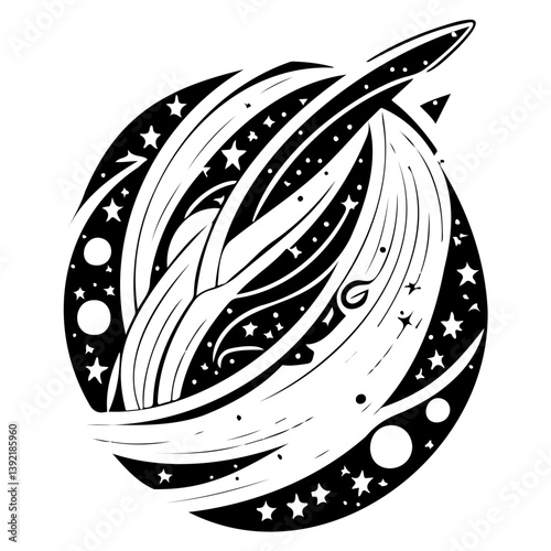 Abstract cosmic flight illustration with stars and linear design elements