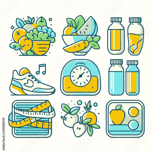 Vector food and drink icon set with fruits, breakfast items, and beverages including apple, milk, cheese, juice, sandwich, cake, and more in a fun cartoon style