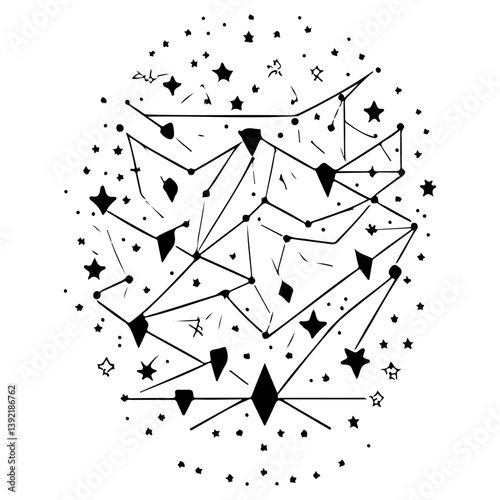 Abstract celestial constellation design with geometric shapes and starry accents