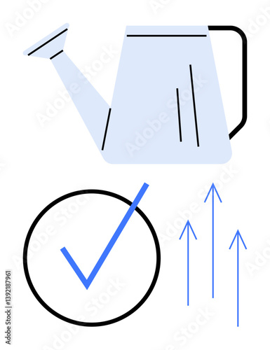 Watering can symbolizes nurturing checkmark signifies approval or completion arrows indicate progress or growth. Ideal for success, development, productivity, approval, strategy, motivation
