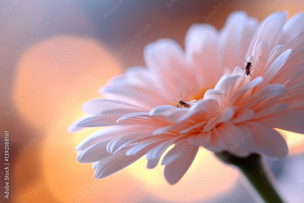 Fototapeta premium A close-up shot of a delicate pink flower petals where two tiny insects are perched, highlighting the beauty of nature in an abstract and serene environment.