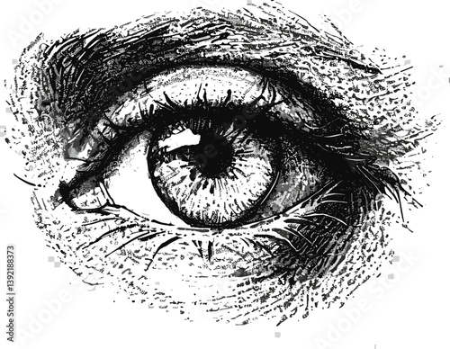 Angry eye with halftone stipple effect, for grunge punk y2k collage design. Vector illustration in vintage photocopy style for gothic surreal poster or banner.