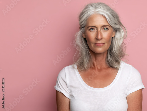 Mujer mayor de 50 años, con pelo con canas, camiseta blanca y fondo rosa pastel mirando a cámara. Concepto cancer de mama, salud femenina