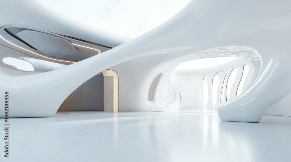 Futuristic white interior design, empty space, modern architecture, potential use for commercial advertisement Futuristic white interior design, empty space, modern architecture, potential use for commercial advertisement