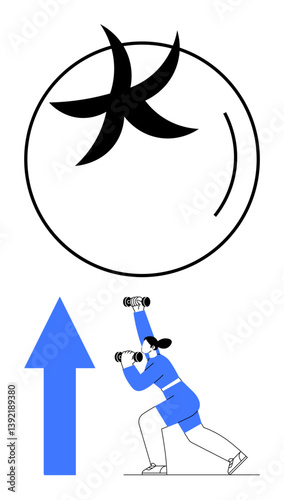 Woman exercises with dumbbells in active stance beneath abstract circular element and bold upward arrow. Ideal for fitness, goal-setting, motivation, energy, determination, success, progression. Flat