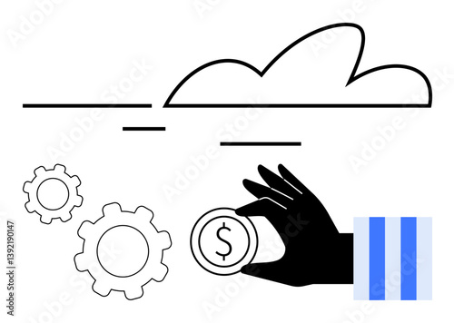 Hand holds a coin with a dollar sign, next to cloud and gears symbolizing finance, innovation, technology, savings, business, automation, and strategy. Ideal for flat simple metaphor