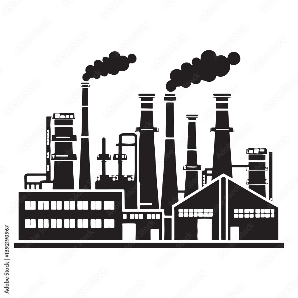 Obraz premium Steel Factory silhouette, symbolic of hard labor and industrial might – Factory illustration – Factory vector – Building silhouette