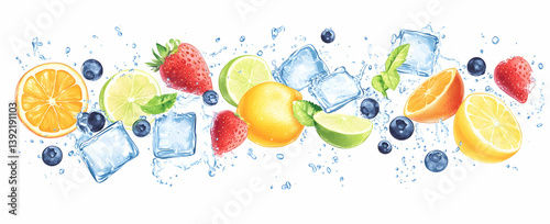 Panel kuchenny z motywem Fruit and ice cubes splashing together