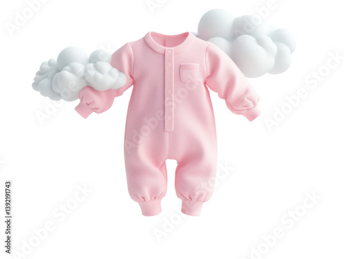 Soft pink baby onesie with fluffy clouds for cozy dream themes, cut out