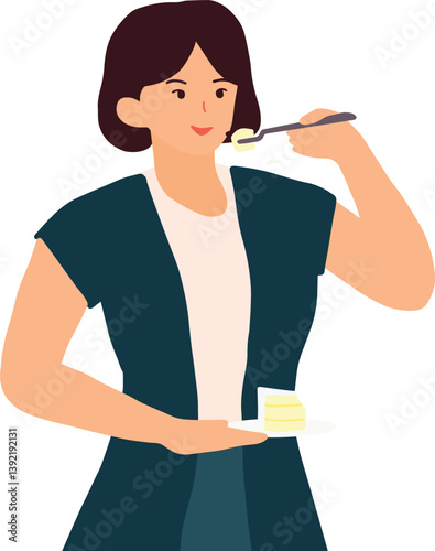 Woman Happily Enjoying a Slice of Cake. A woman savoring a piece of cake, expressing enjoyment and indulgence in a calm, casual atmosphere