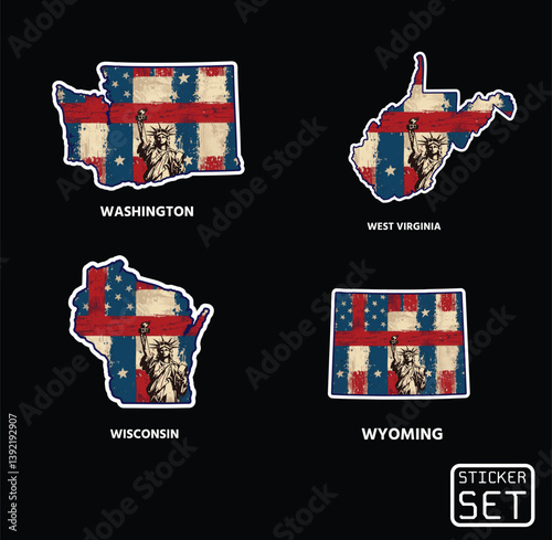 Bold vintage state stickers with a patriotic twist – celebrate American spirit with Liberty and iconic flag textures for each state outline!