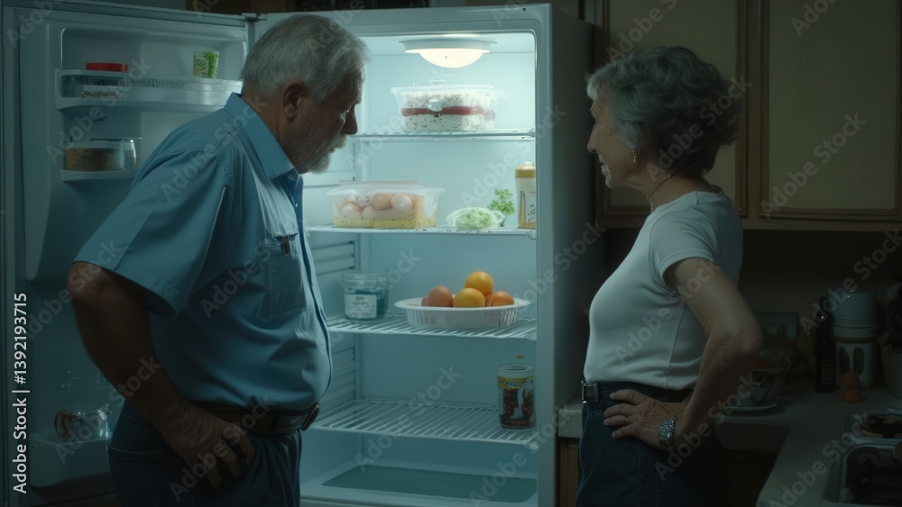 Fototapeta premium Elderly caucasian couple looking into refrigerator at night in kitchen