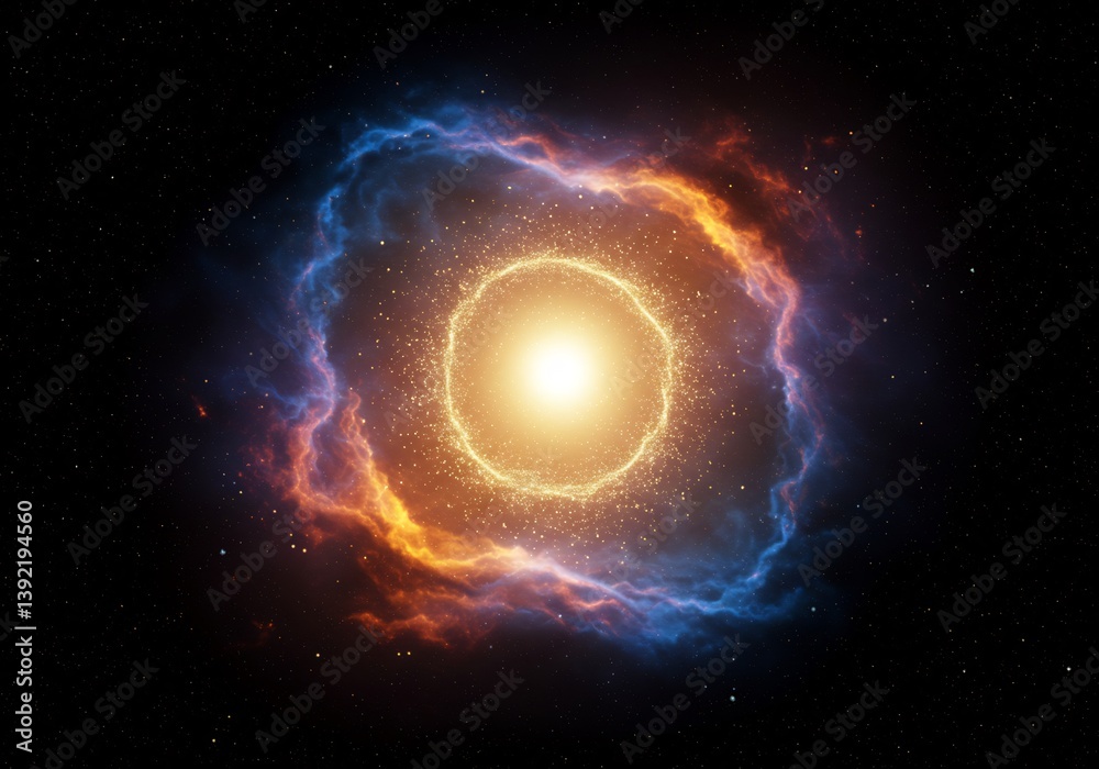 Cosmic energy sphere glowing bright fiery orange and cool blue nebula swirl. AI Generated Cosmic energy sphere glowing bright fiery orange and cool blue nebula swirl. AI Generated