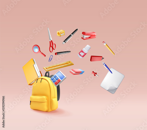 3D School backpack full of stationery items isolated. Render back to school concept. School supplies in backpack. Apple, calculator, pen pencil ruler. Education and study learning. Vector illustration