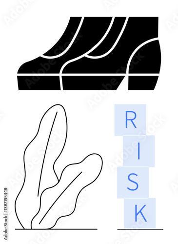 Boots above RISK blocks with abstract plant outline highlight balancing decisions and challenges. Ideal for risk management, decision-making, responsibility, caution, leadership, strategy