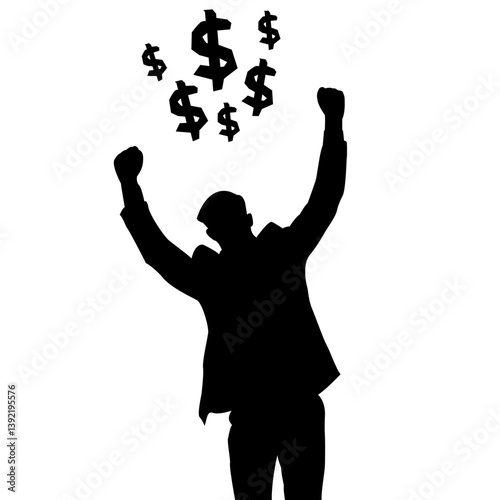 silhouette of businessman managed to raise both hands and there was a dollar marks above them