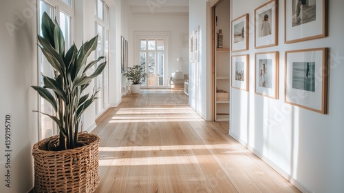 Bright home interior with wooden floor leading to a cozy living room and decorations and a beautiful plant