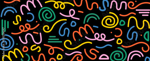 Memphis seamless geometric pattern. Multicolored abstract background in retro style of the 80s, 90s with various shapes: circles, dots, zigzags, spirals, wavy lines. eps 10