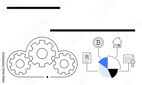 Cloud gears represent automation connected to blockchain-powered assets thumbs up cryptocurrency, property, and financial certificates alongside data charts. Ideal for fintech, investments, digital