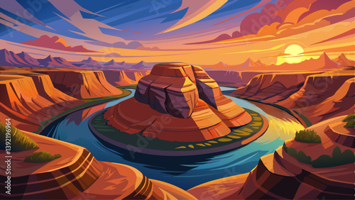 Panoramic sunset view of horse shoes bend of the Colorado River located near the town of Page, Arizona, United States