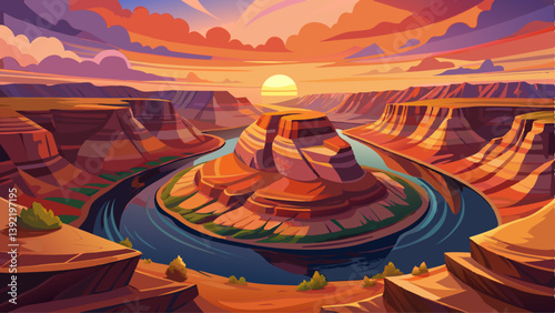 Panoramic sunset view of horse shoes bend of the Colorado River located near the town of Page, Arizona, United States