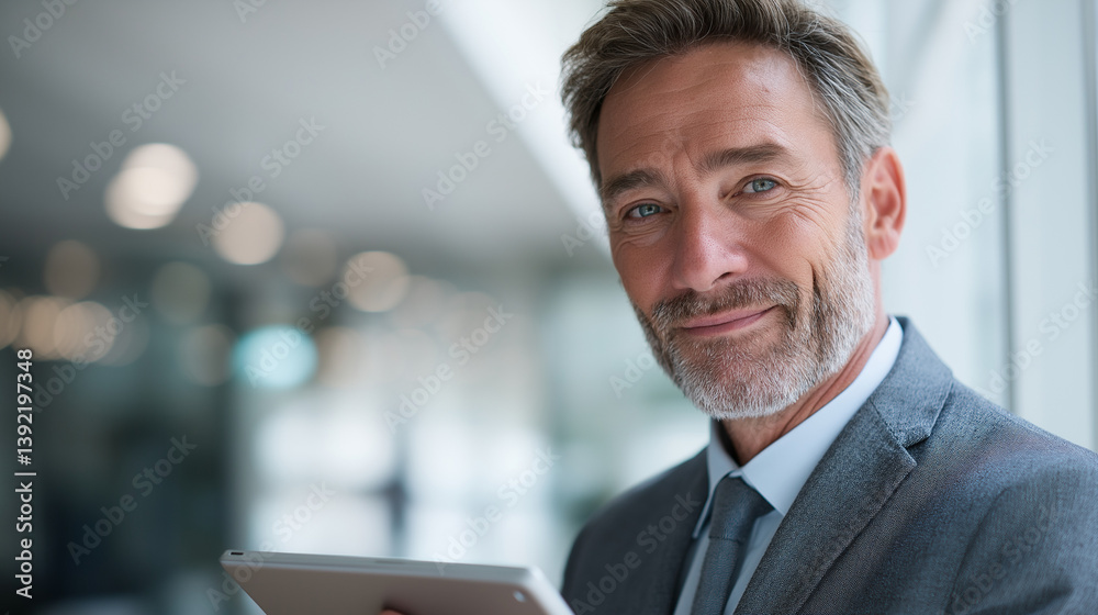 Confident CEO with Tablet in Modern Office Setting Confident CEO with Tablet in Modern Office Setting